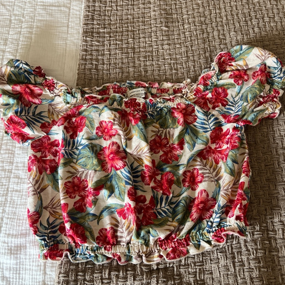 American Eagle Outfitters Red and Green Smocked Crop Blouse